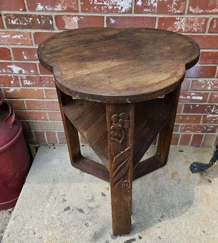 Vintage Oak Plant Fern Stand Table 2 Tier Clover Top Carved Floral Legs Cover