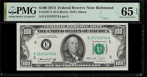 US $ 100 Dollars 1974 PMG 65 EPQ UNC Fr#2167-E FRN Richmond Neff/Simon - Picture 1 of 4