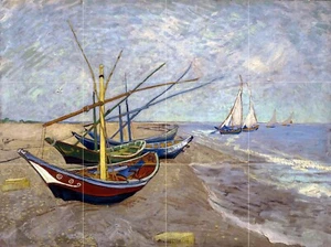 32 x 24 Tile Mural Fishing Boats on The Beach Vincent Van Gogh Kitchen Bathroom - Picture 1 of 1