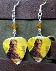 Star Wars Chewbacca Chewie Guitar Pick Earrings with Amber Swarovski Crystals - Picture 1 of 3