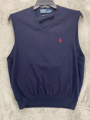 Colete Suéter Masculino Vintage Polo por Ralph Lauren Tamanho XL Azul Marinho Decote V Lã Merino - Imagem 1 de 4