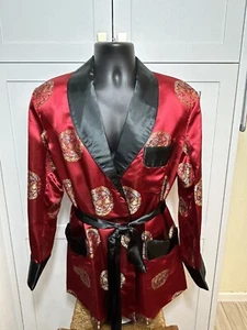 Vintage 1960’s Men’s Brocade Lounge Smoking Jacket Size 44 Red Satin Chinese - Picture 1 of 8