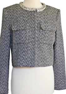 Self Portrait Black & White Herringbone Silver Embellished Cropped Jacket Size 8 - Picture 1 of 21
