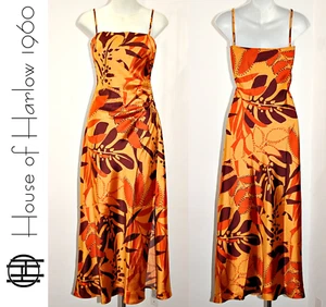 House of Harlow 1960 geraffte Seite Satin Slip 56" langes Maxikleid Blattmuster XL - Bild 1 von 17