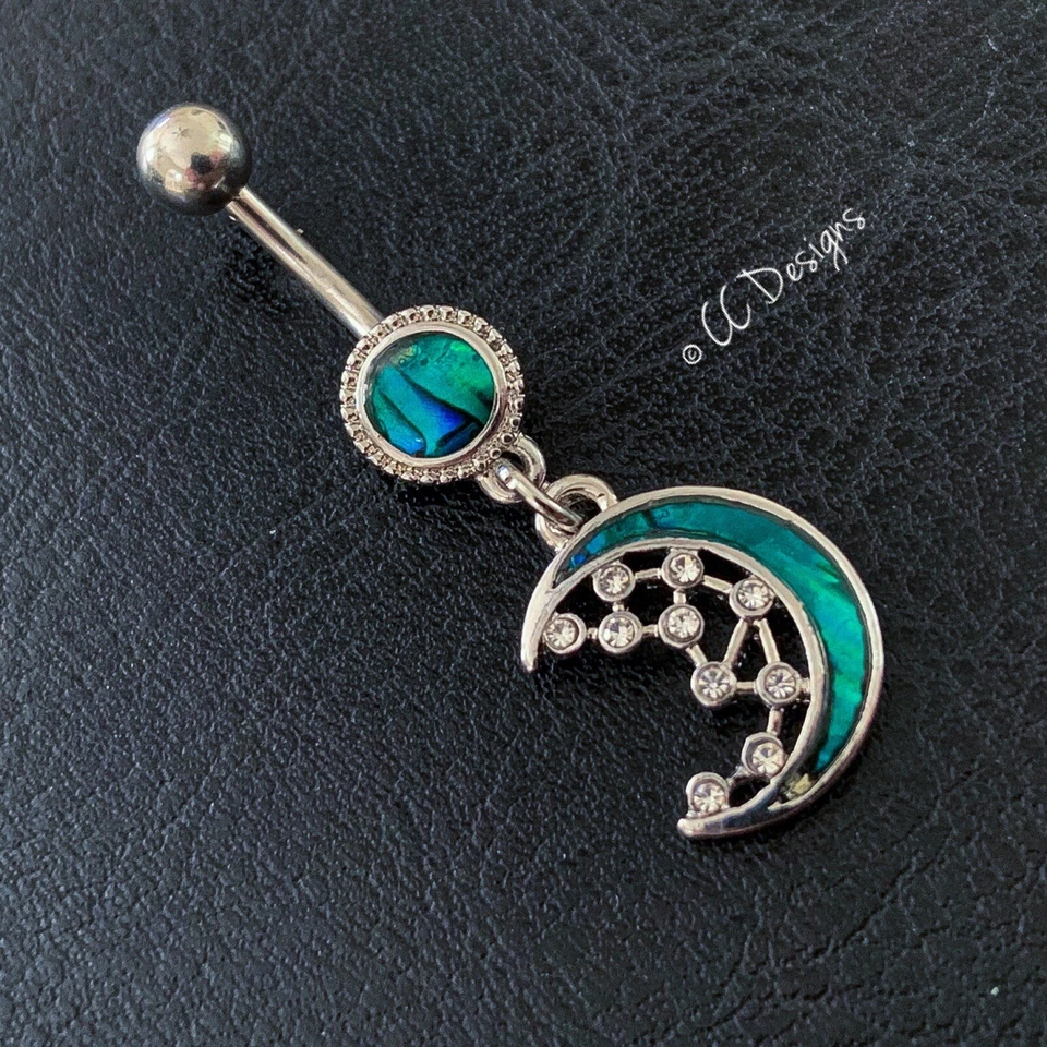 14g Faux Mother Of Pearl Inlay Green Blue Crescent Moon Dangle Bely Ring (B249) - Image 1 of 3