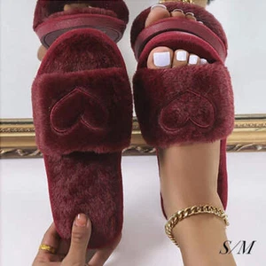 Super Soft Faux Fur Open Toe Heart Slippers - Picture 1 of 5