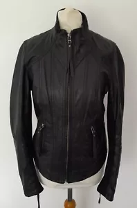 OASIS - Biker Bomber Style REAL LEATHER Jacket BLACK Stretch Sleeves Size 8/10 - Picture 1 of 14