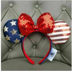 Stars Minnie Ears Bow Sequins Disney Parks American Flag Disneyland Headband- - Picture 1 of 4