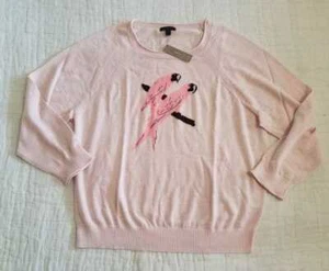 NEW WOMEN'S L XL XXL J CREW MERINO WOOL PINK CREWNECK SWEATER IN PARROT INTARSIA - Picture 1 of 3