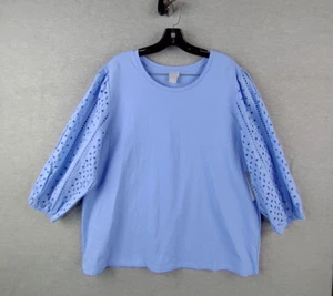 New Chicos Womens Shirt Plus 20 2XL 4 Blue Eyelet Ballon 3/4 Sleeve Knit Top - Picture 1 of 12