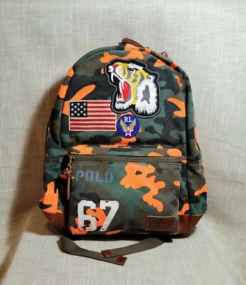 POLO Ralph Lauren '67 рюкзак мужской оранжевый камуфляж Tiger США флаг нашивка холст - Изображение 1 из 4