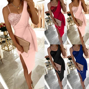 Damen Pailletten Partykleid Ärmellos Spliss Abendkleid Cocktailkleid MidikleidF - Bild 1 von 26