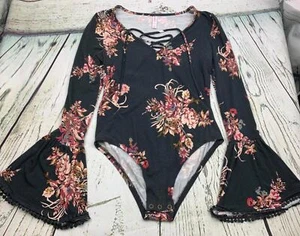Floral Bodysuit Free Peasant Sleeve Small Lace Up Chest - Picture 1 of 1