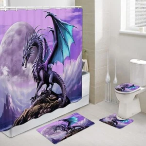 Juego de 4 cortinas de baño dragón púrpura alfombras de inodoro decoración de ducha - Imagen 1 de 9