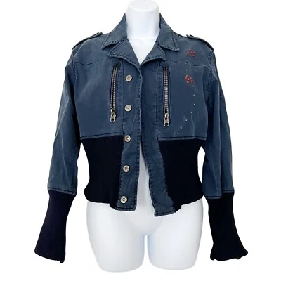 Chaqueta vaquera de colección Y2K plateada calce elástico estrás charretera mujer muestra M Foto 1 de 4