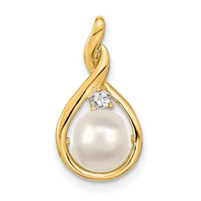 Colgante de diamantes AA de perlas cultivadas de agua dulce redondas blancas de 7 mm de oro amarillo de 14K Foto 1 de 2