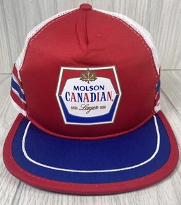 Molson Canadian Lager 3 Strip Trucker Hat Red White Blue Mesh Back Snapback Cap - Picture 1 of 9