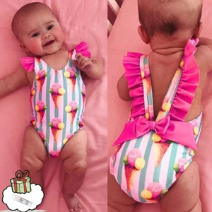 Summer 0.5-4 Years Kids Baby Girls Ruffle Stripe Bikini Beach Printed Swimsuit - Picture 1 of 14