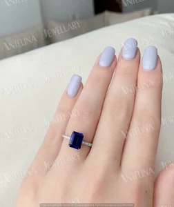2Ct Simulated Emerald Blue Sapphire Solitaire Women's Ring 14K White Gold Plated - Picture 1 of 9