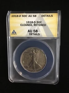 1918-D Walking Liberty 50c Silver Half Dollar ANACS AU 58 *Cleaned* *Retoned* - Picture 1 of 4