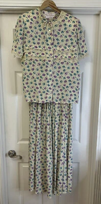 Винтажная женская блузка и юбка Oscar De La Renta Miss O 100% шелк с цветочным узором размер 10 - Изображение 1 из 4