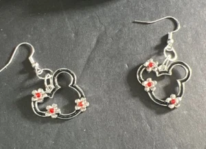 Silver Mickey Mouse Floral CZ Drop Dangle Earrings!! - Picture 1 of 3