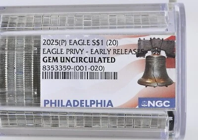 Rollo de 20 - 2025 (P) $1 American Silver Eagle Privy NGC gema sin circular Foto 1 de 3