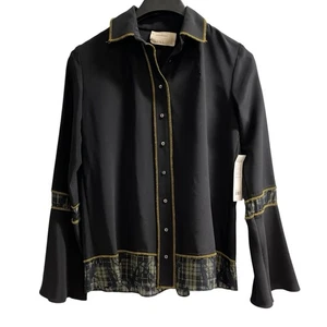 Nicole Miller Artelier Top Women PXL Black Silk Blend Geometric Trim Button Down - Picture 1 of 10