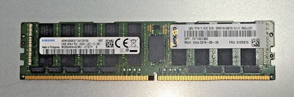 SAMSUNG 64GB PC4-21300VL 2666MHZ LRDIMM 4RX4 MEMORY M386A8K40CM2-CTD 01DE975 - Image 1 of 1