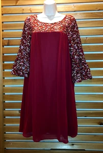 Red Lace Chiffon Flare Party Event Cocktail Size 12 DRESS Bell Slv Perceptions - Picture 1 of 10