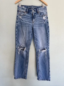 American Eagle Jeans Womens 8 Blue Curvy 90s Straight Distressed Denim Stretch - Picture 1 of 9