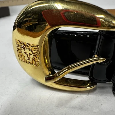 Vintage Belt Anne Klein Lion Face Buckle Black Patent Leather Large 31-34 in - Image 1 of 4