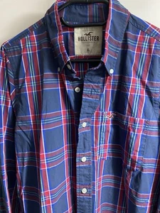 Hollister Shirt Mens XL Blue Red Checked Button up Long Sleeve - Picture 1 of 8