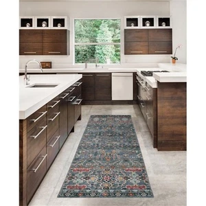 Linon Washable Buford Polyester 2'x8' Rug in Teal Blue - Picture 1 of 17