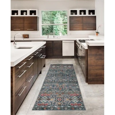 Linon Washable Buford Polyester 2'x8' Rug in Teal Blue - Image 1 of 4