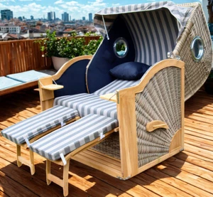 Strandkorb Jumbo Sonic Block mit Bullaugen || FSC-zertifiziertes Teakholz - Bild 1 von 4