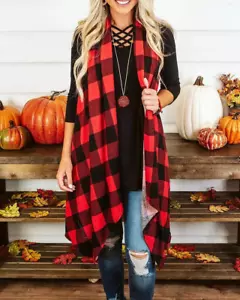 Womens Lightweight Plaid Sleeveless Duster Cardigan Vest with Pockets - Picture 1 of 6