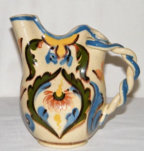 Schöner Vintage MAJOLICA eingeklemmter KRUG GEDREHTER GRIFF Kunstkeramik Blumen Unikat! - Bild 1 von 11