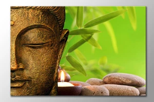 LARGE GOLD BUDDHA GREEN ZEN STONES BAMBOO CANDLES CANVAS ART PRINT PICTURE NEW - Picture 1 of 1