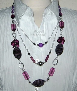 Modeschmuck Kette  Longkette  Halskette Glas  lila beere silberfarben 3 fach Neu - Bild 1 von 2