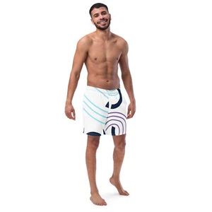 Mens Swim Trunks White Geometric Design 2XS-6XL Swim Shorts w/Mesh Liner Pockets - Picture 1 of 23