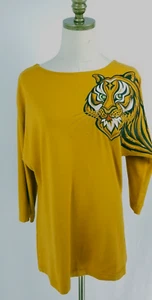 Bob Mackie Size XS Mustard Tiger Embroidered Sequins Dolman Sleeve Tee Top - Picture 1 of 6