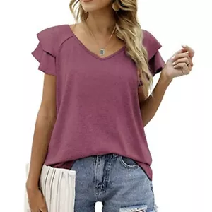 Womens Tops Summer Double Ruffle Short Sleeve V-Neck Casual Blouse XXL - Picture 1 of 4