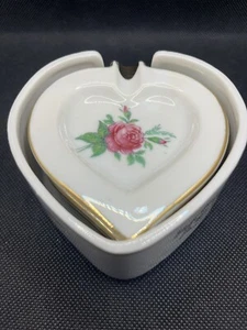 Norcrest Japan Porcelain Hand Painted Heart & Rose Ashtray/Trinket Set w Holder - Picture 1 of 7