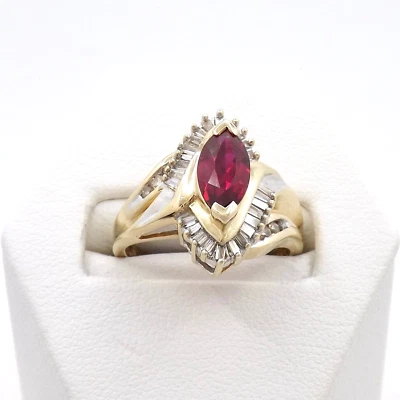 14k Gold Lab Created Marquise Ruby Natural Diamond Ring July Birthstone Navette - Image 1 of 4