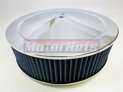 Limpiador de aire lavable azul cromado redondo 14" x 4" base plana Ford Chevy SBC 350 454 Foto 1 de 3
