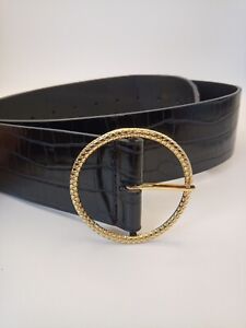 Wide Black Patent  Snake Skin Waist Belt With Gold Rope Buckle 32"-40"