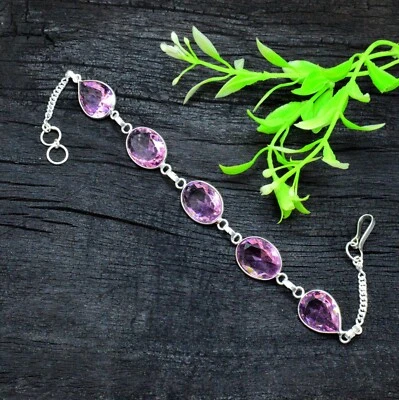 Pulsera de joyería hecha a mano de piedras preciosas de plata de ley 925 morganita rosa talla 7-8" Foto 1 de 4