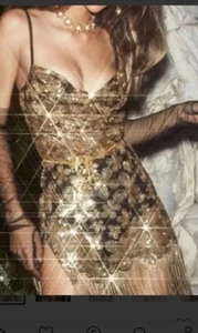 Colette Mini Dress For Love And Lemons Gold Size L - Picture 1 of 5