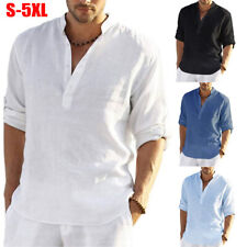 Mens Cotton Linen Long Sleeve Shirt Solid Loose Blouse Button Down Tops T Shirt
